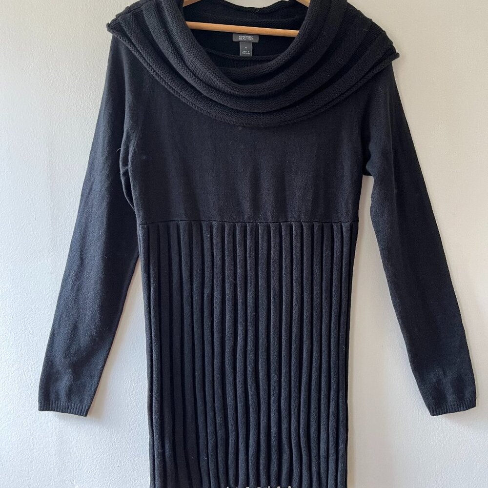 Kenneth Cole Sz S‎ Black Cowl Neck Empire Waist Pleated Knit Sweater Mini Dress